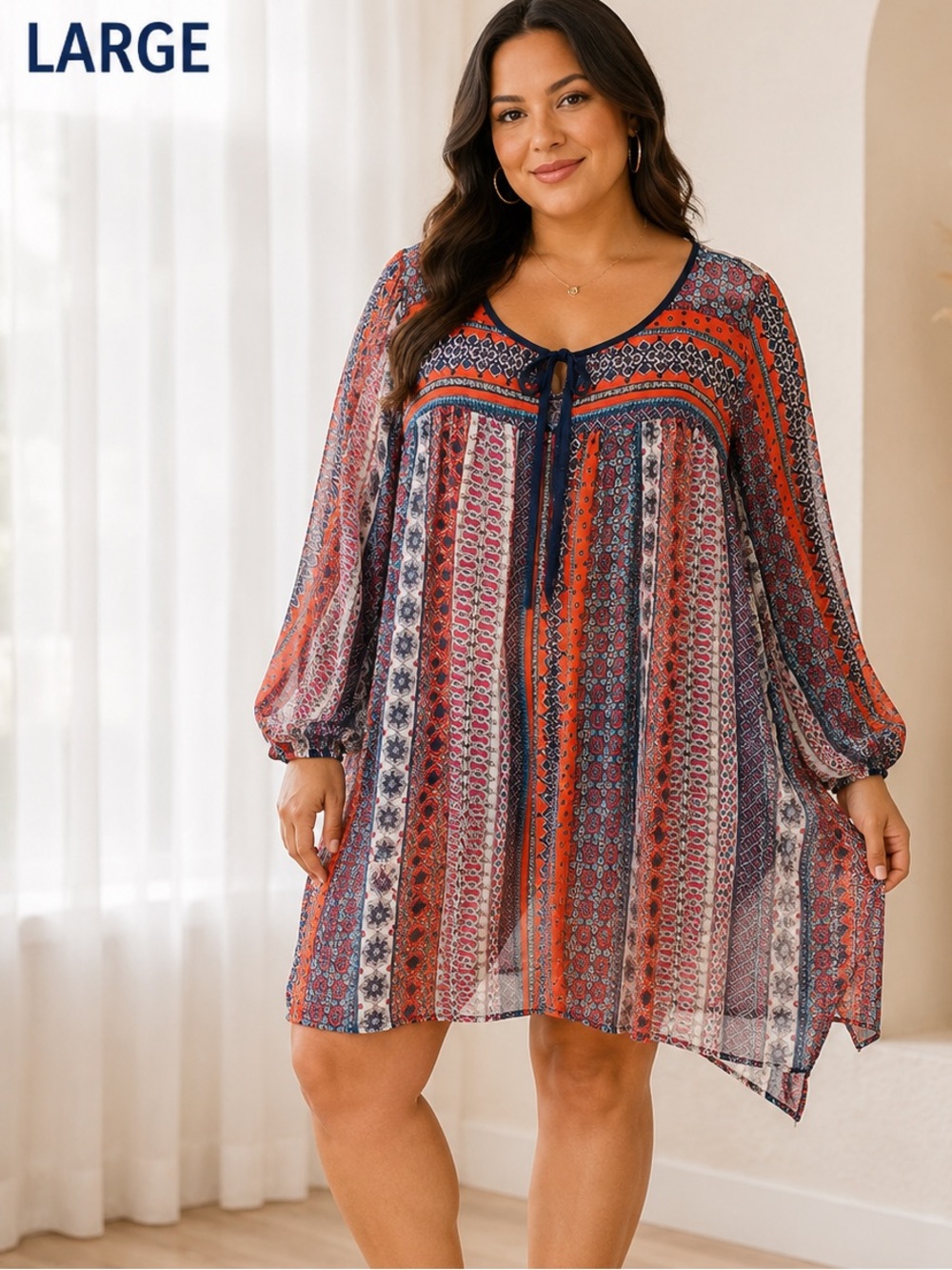 GB sheer Boho Tie-Front Dress SIZE LARGE Pit 18” Length 32.5” Flowy